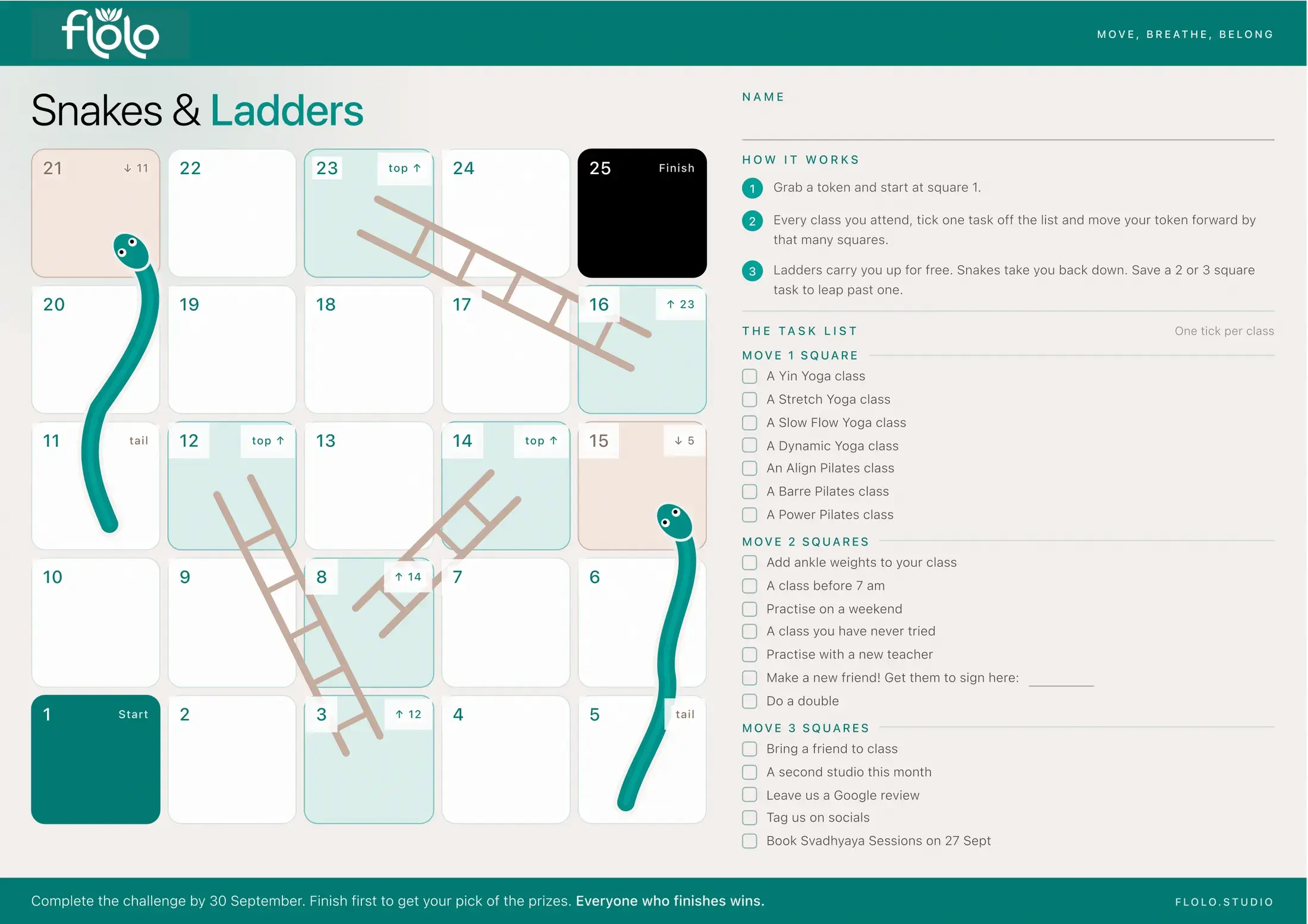 The Flolo Snakes and Ladders board: 25 squares with three ladders and two snakes, next to the task list of classes and challenges that move you around it.
